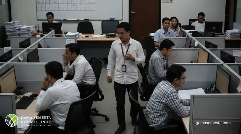 situasi kantor dengan karyawan terpecah dalam kelompok kecil, suasana tegang dan komunikasi tidak sehat